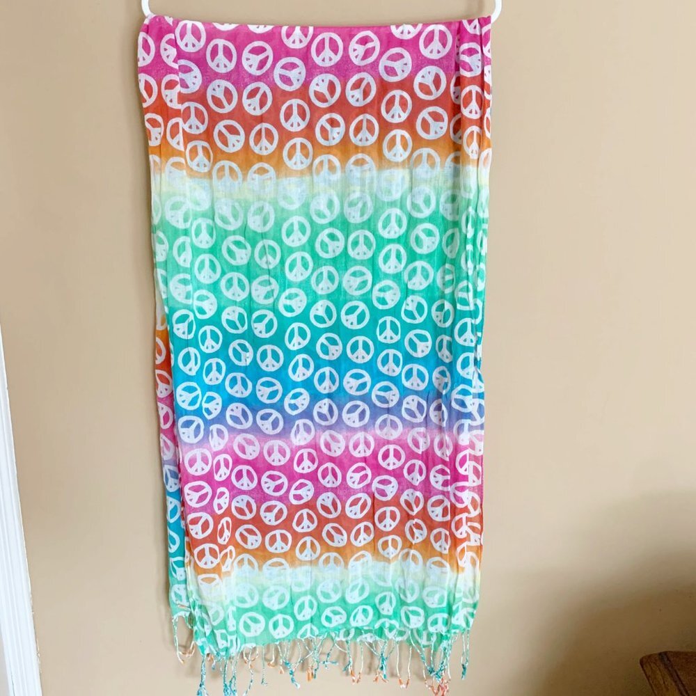 Peace Sign Multicolor Tie Dye Scarf Fringe Long